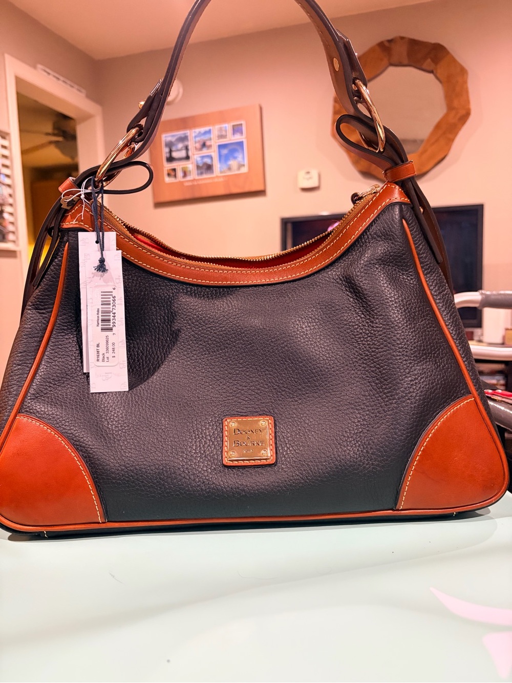 Dooney & Bourke Black Leather Harrison Hobo Bag with Brown Trim